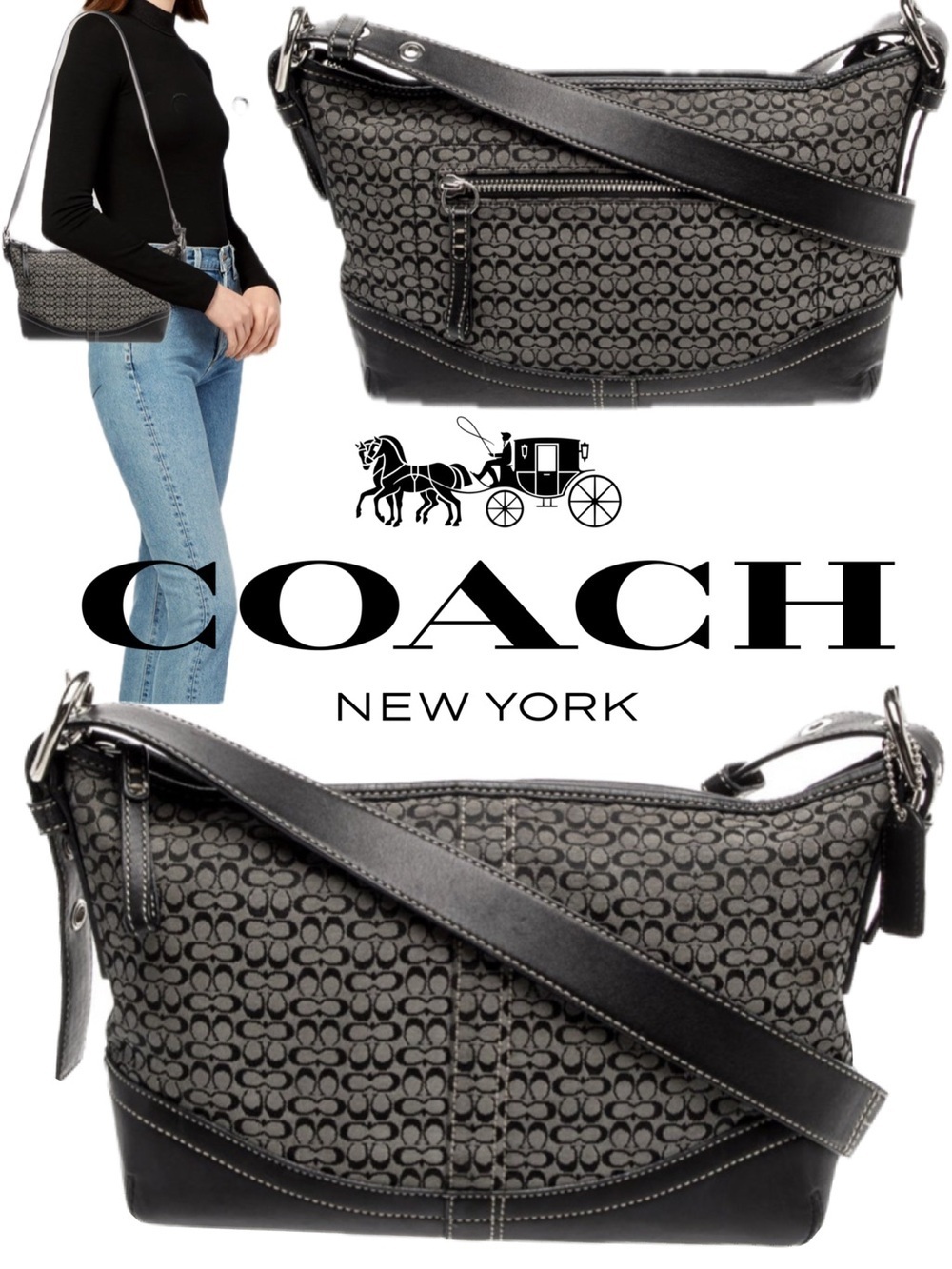 Coach Black Signature C Y2K F10945 Jacquard Soho Hobo Crossbody Bag